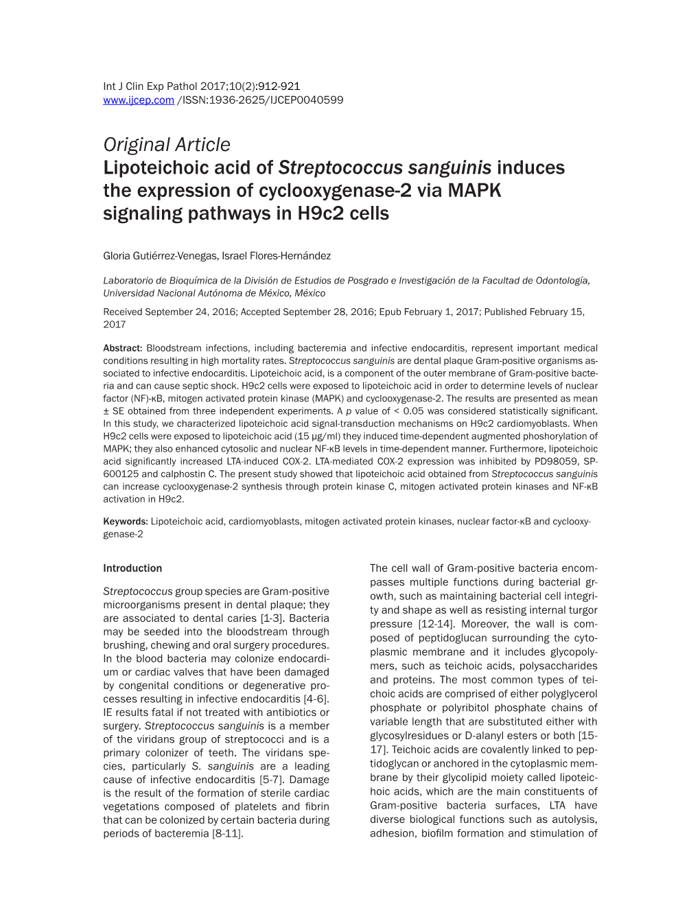 Streptococcus Sanguinis Induces the Expression of Cyclooxygenase-2 Via MAPK Signaling Pathways in H9c2 Cells