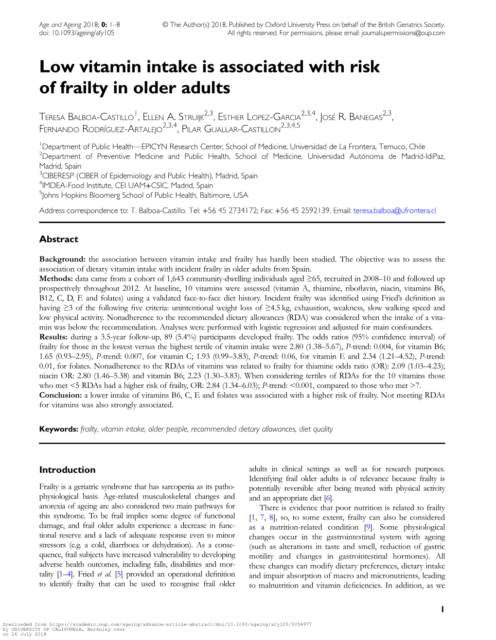 Low Vitamin Intake Is Associated with Risk of Frailty in Older Adults