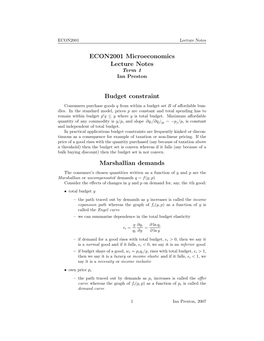 ECON2001 Microeconomics Lecture Notes Budget Constraint