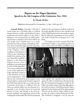 Report on the Negro Question: Speech to the 4Th Congress of the Comintern, Nov