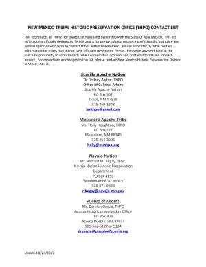 New Mexico Tribal Historic Preservation Office (Thpo) Contact List