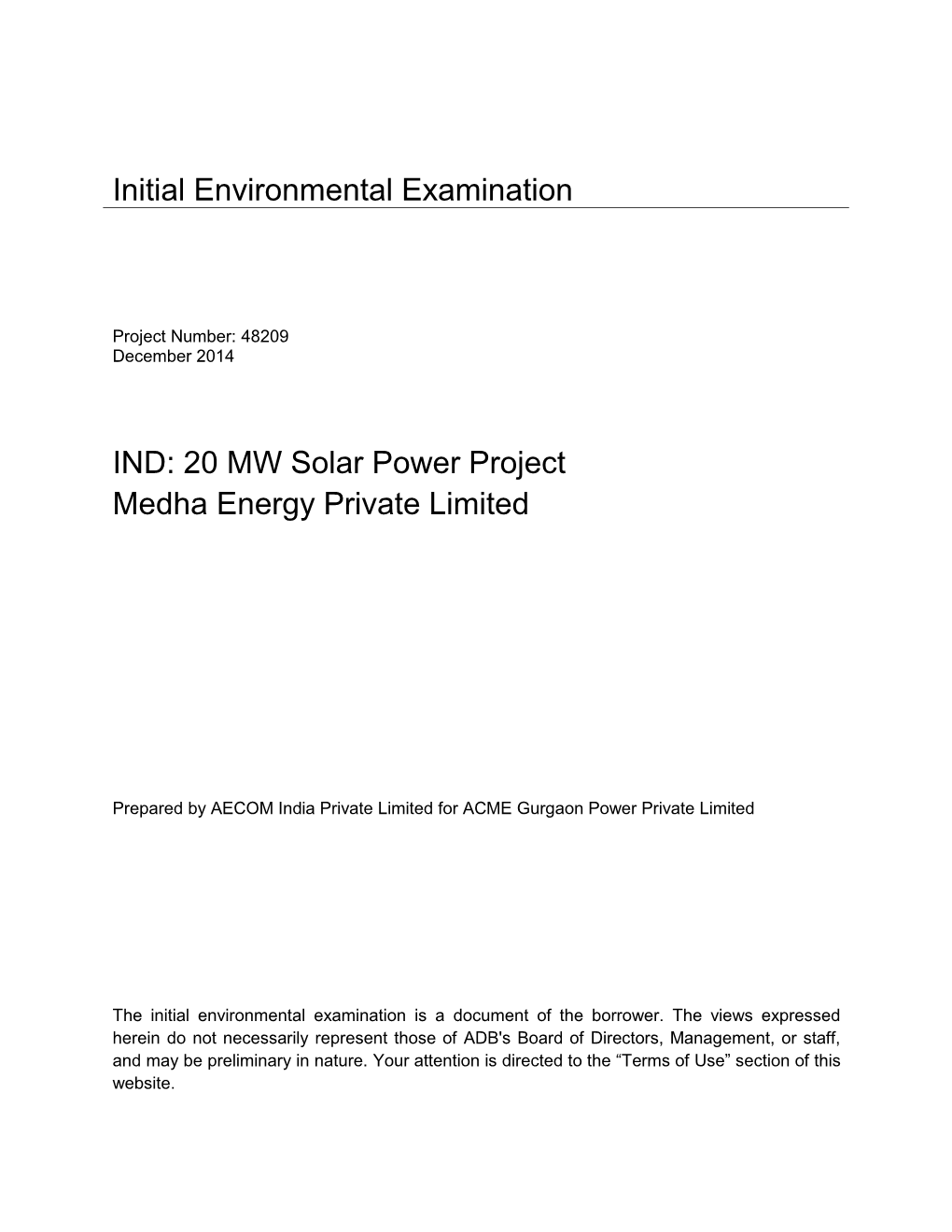 48209-001: Medha Energy Private Limited Initial Environmental