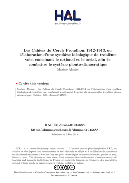 Les Cahiers Du Cercle Proudhon, 1912-1913, Ou L'élaboration D'une