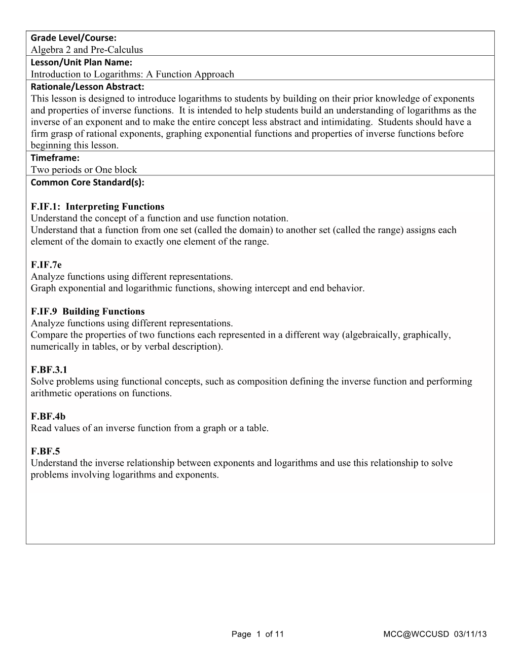 Algebra 2 and Pre-Calculus Lesson/Unit Plan Name