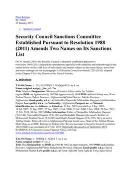 Security Council Sanctions Committee Established Pursuant to Resolution 1988 (2011) Amends Two Names on Its Sanctions List