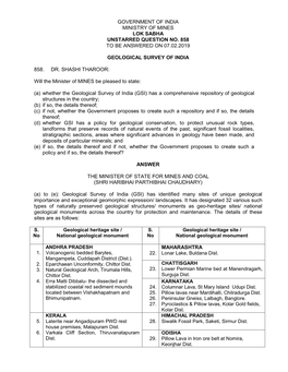 Government of India Ministry of Mines Lok Sabha Unstarred Question No. 858 to Be Answered on 07.02.2019 Geological Survey Of