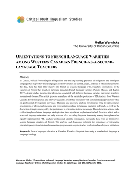 Orientations to French Language Varieties Among Western Canadian French-As-A-Second- Language Teachers
