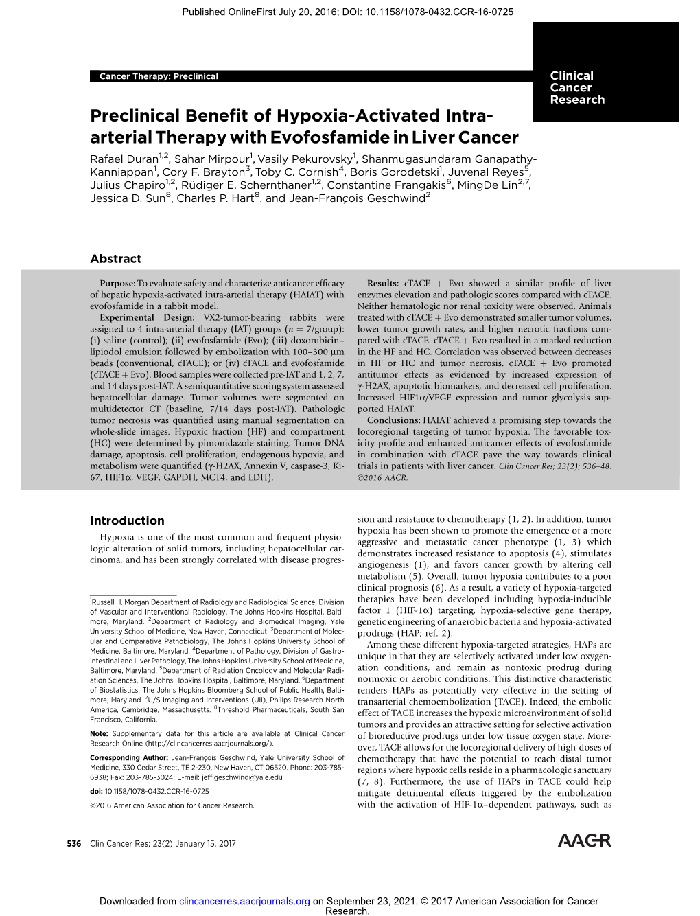 Preclinical Benefit of Hypoxia-Activated Intra- Arterial