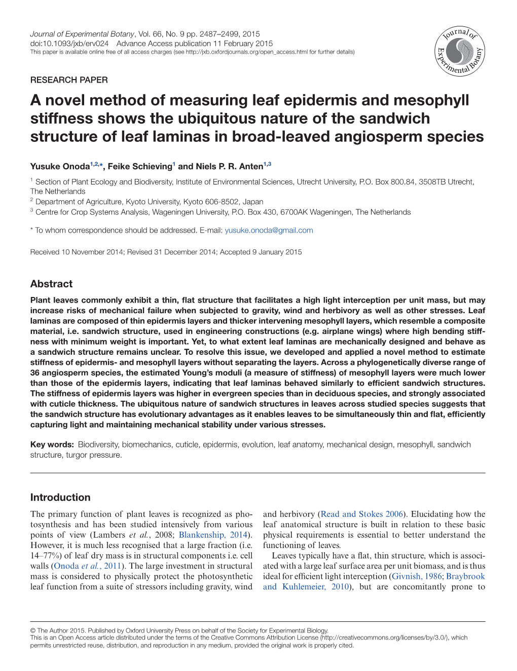 A Novel Method of Measuring Leaf Epidermis and Mesophyll Stiffness