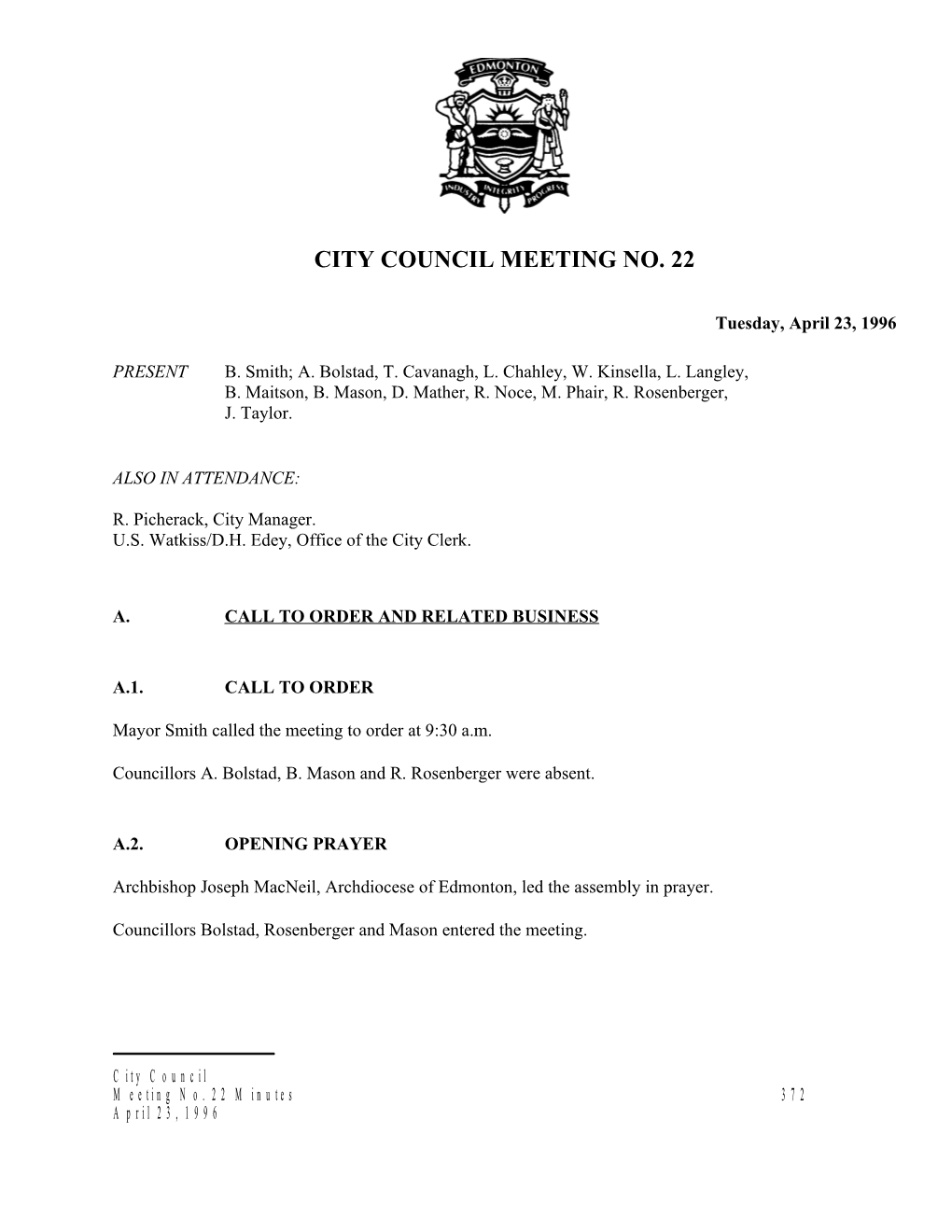 Minutes for City Council April 23, 1996 Meeting