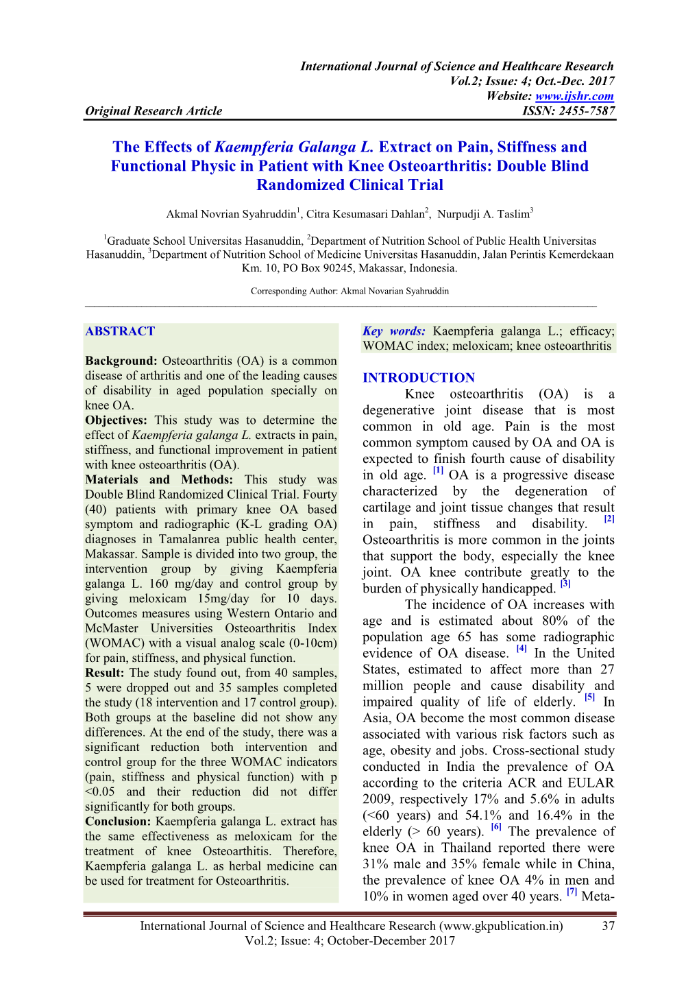 The Effects of Kaempferia Galanga L. Extract on Pain, Stiffness and Functional Physic in Patient with Knee Osteoarthritis: Double Blind Randomized Clinical Trial