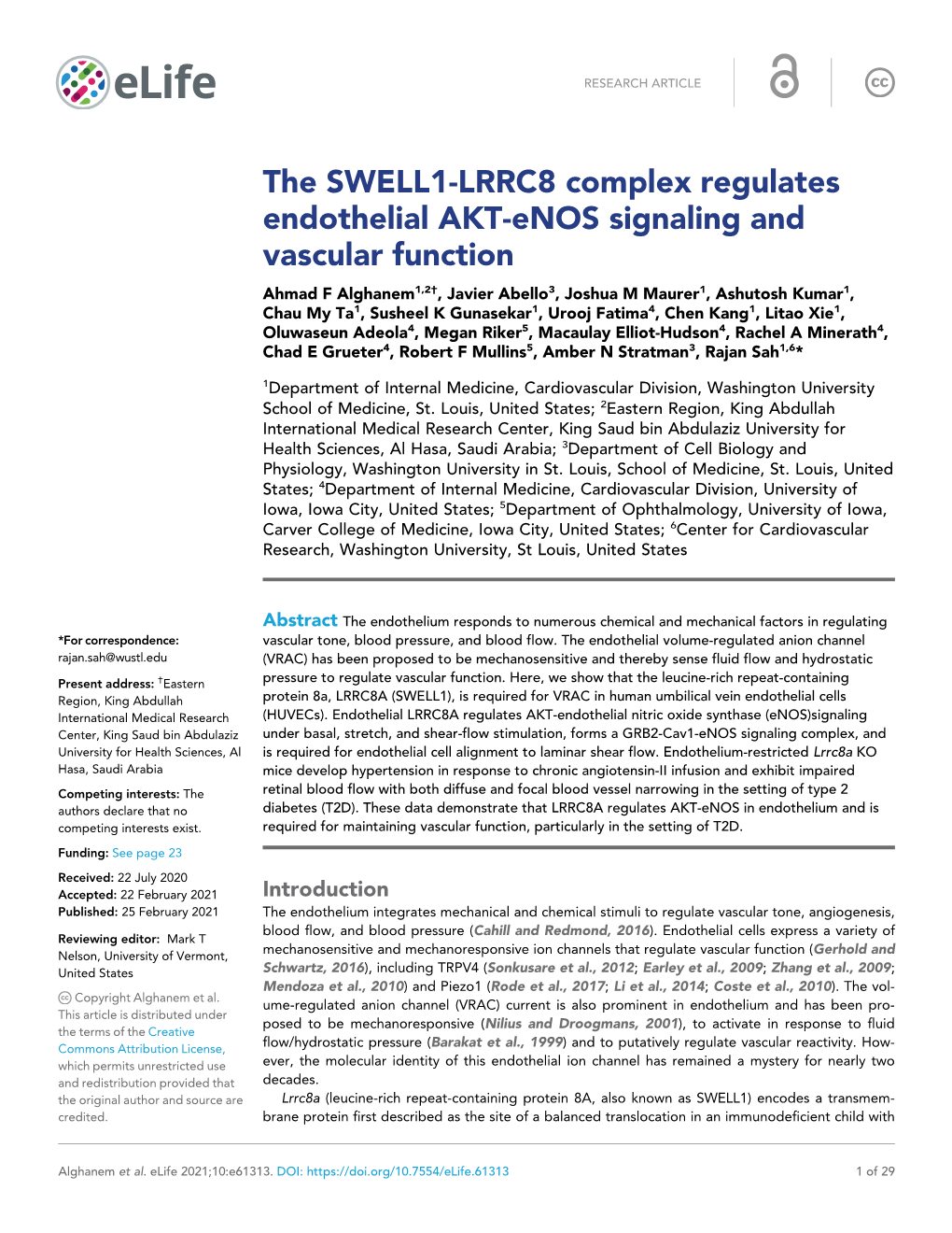The SWELL1-LRRC8 Complex Regulates Endothelial AKT-Enos