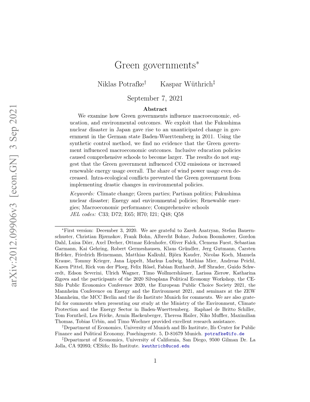 Green Governments Arxiv:2012.09906V2 [Econ.GN]