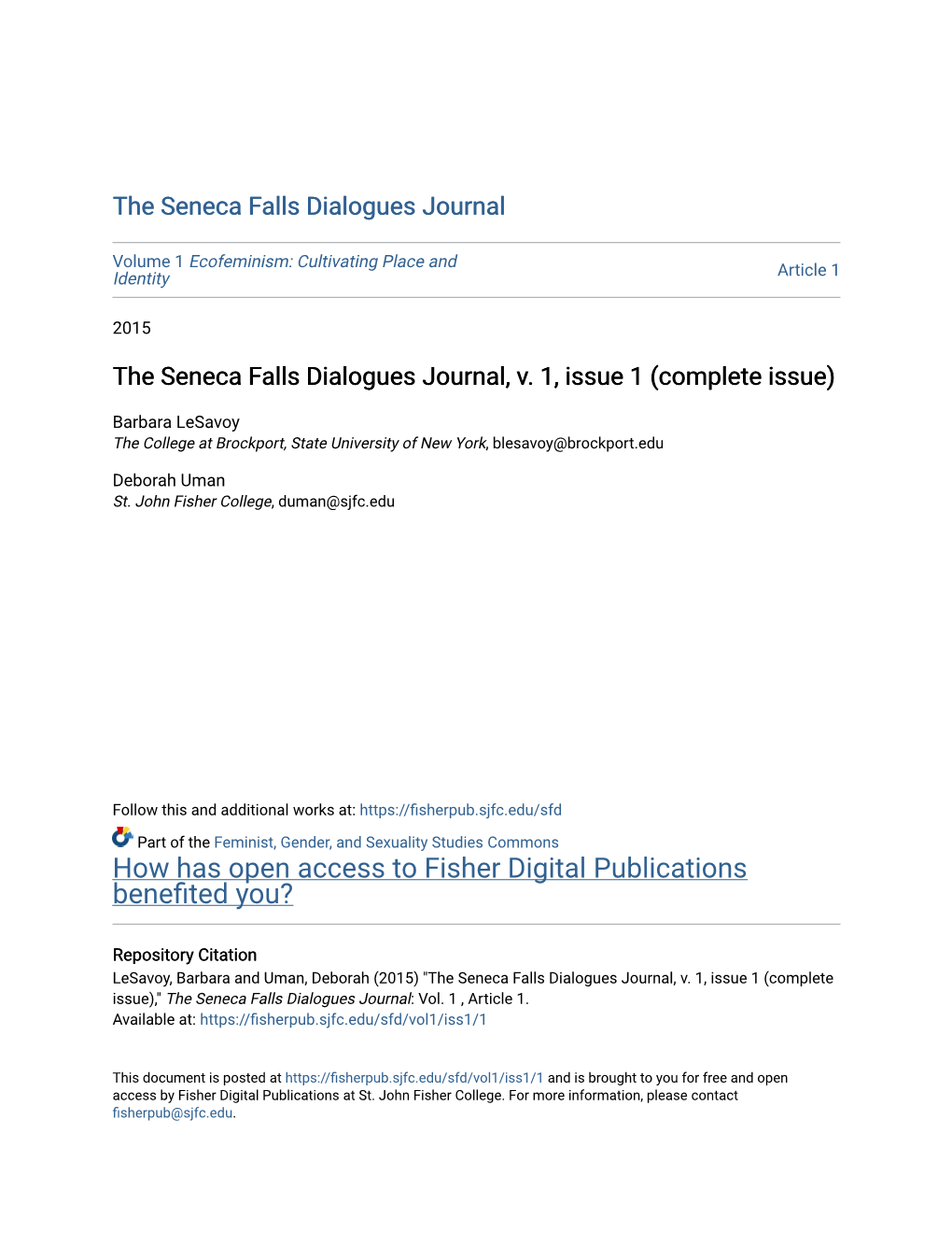 The Seneca Falls Dialogues Journal, V. 1, Issue 1 (Complete Issue)