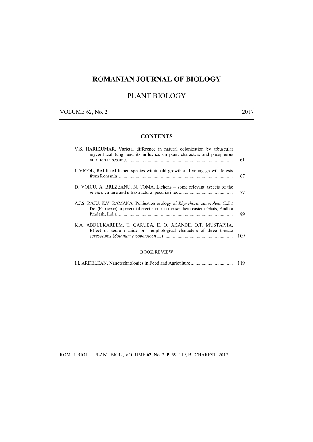 Romanian Journal of Biology Plant Biology