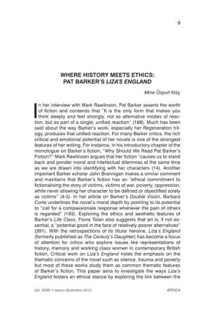 Where History MEETS Ethics: PAT Barker's Liza's England