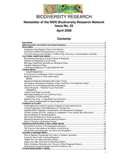 BIODIVERSITY RESEARCH Newsletter of the NSW Biodiversity Research Network Issue No