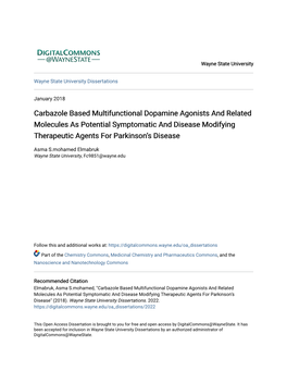 Carbazole Based Multifunctional Dopamine Agonists and Related Molecules As Potential Symptomatic and Disease Modifying Therapeutic Agents for Parkinson’S Disease