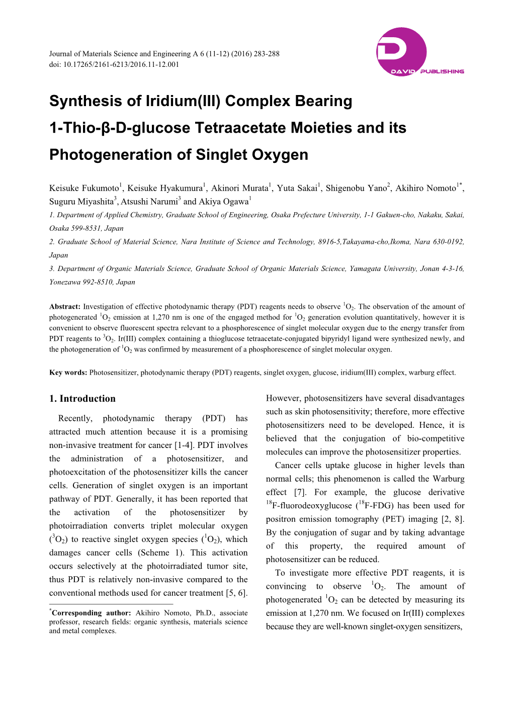 Synthesis of Iridium (III) Complex Bearing 1-Thio-Β-D-Glucose