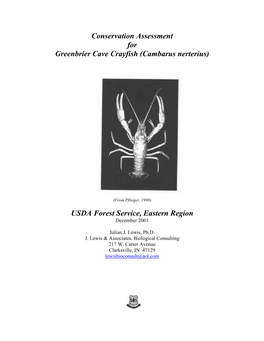 Conservation Assessment for Greenbrier Cave Crayfish (Cambarus Nerterius)