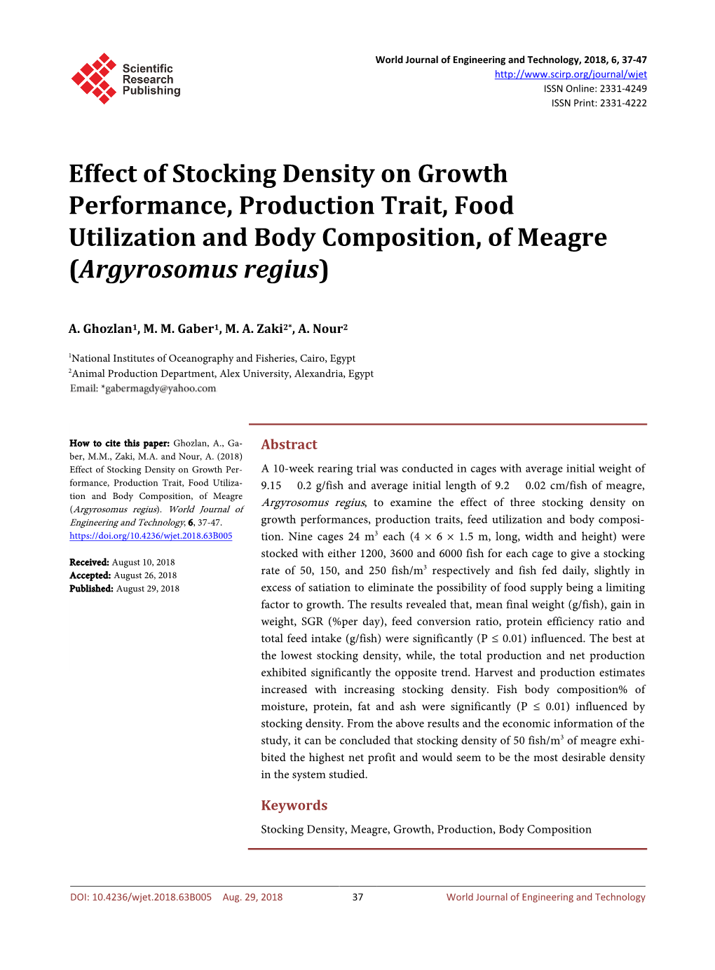 Effect of Stocking Density on Growth Performance, Production Trait, Food Utilization and Body Composition, of Meagre (Argyrosomus Regius)
