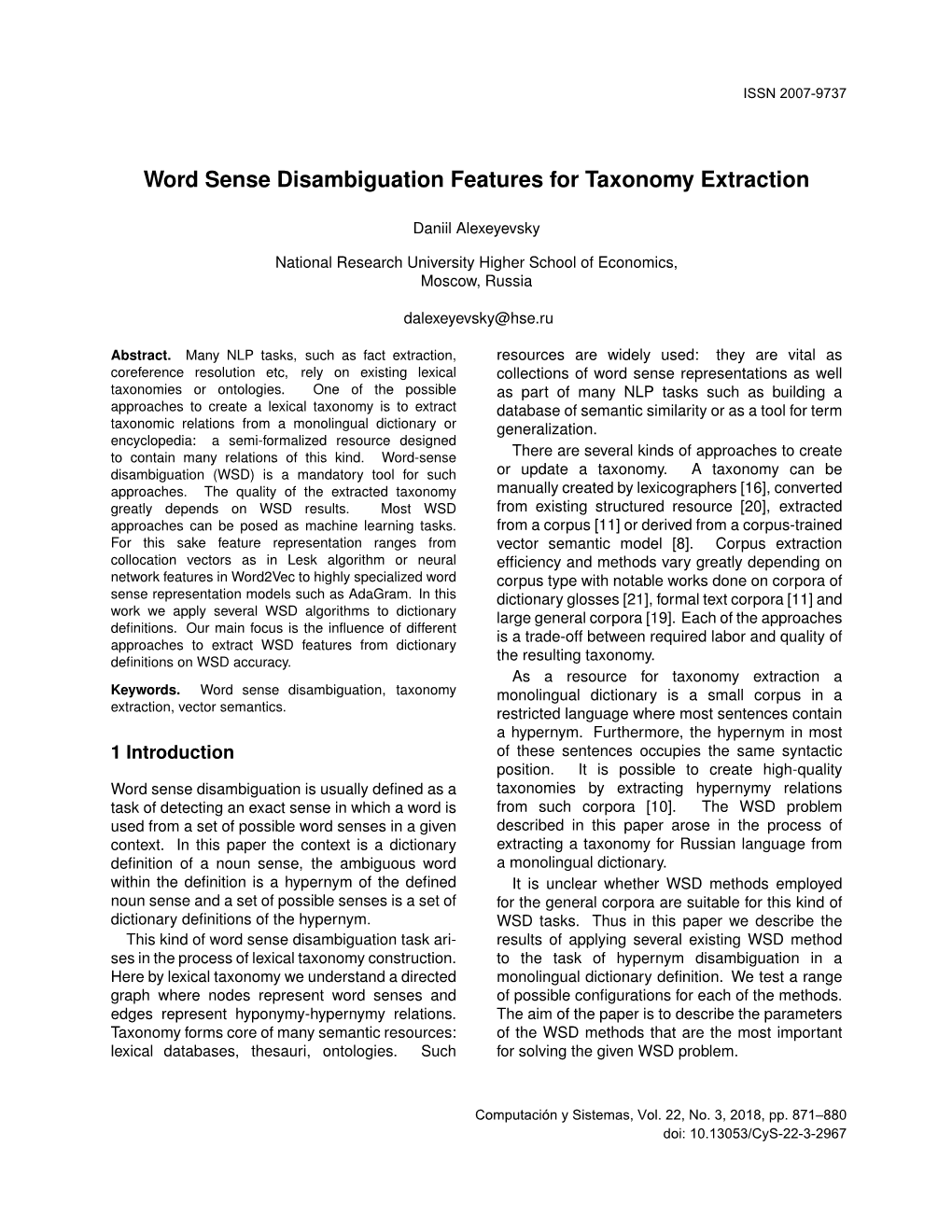 Word Sense Disambiguation Features for Taxonomy Extraction