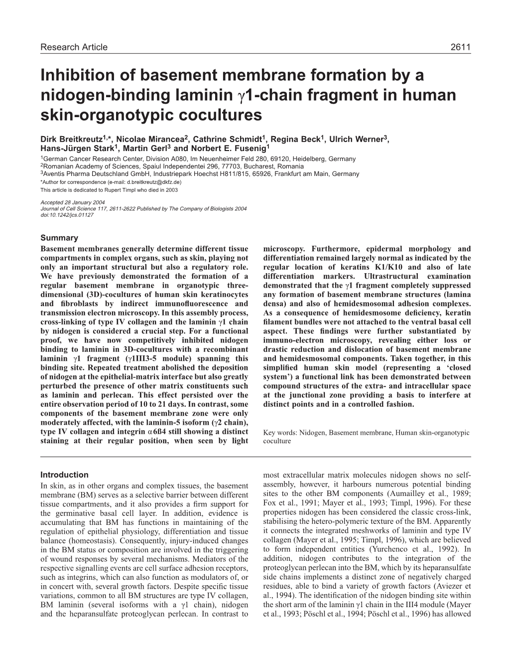 Inhibition of Basement Membrane Formation by a Nidogen-Binding Laminin Γ1-Chain Fragment in Human Skin-Organotypic Cocultures