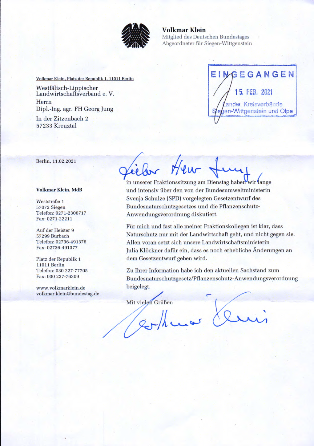 Brief Volkmar Klein