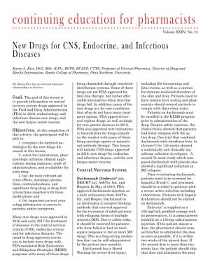 New Drugs for CNS, Endocrine, and Infectious Diseases