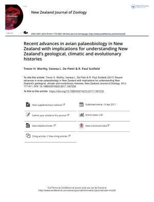 Recent Advances in Avian Palaeobiology in New Zealand with Implications for Understanding New Zealand’S Geological, Climatic and Evolutionary Histories