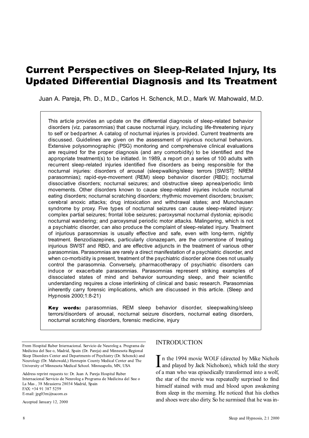 Current Perspectives on Sleep-Related Injury, Its Updated Differential Diagnosis and Its Treatment