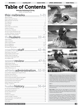 Table of Contents Nebraska Swimming & Diving 2009-10 Media Guide Thisisnebraska