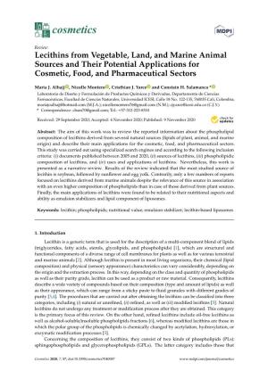 Lecithins from Vegetable, Land, and Marine Animal Sources and Their Potential Applications for Cosmetic, Food, and Pharmaceutical Sectors