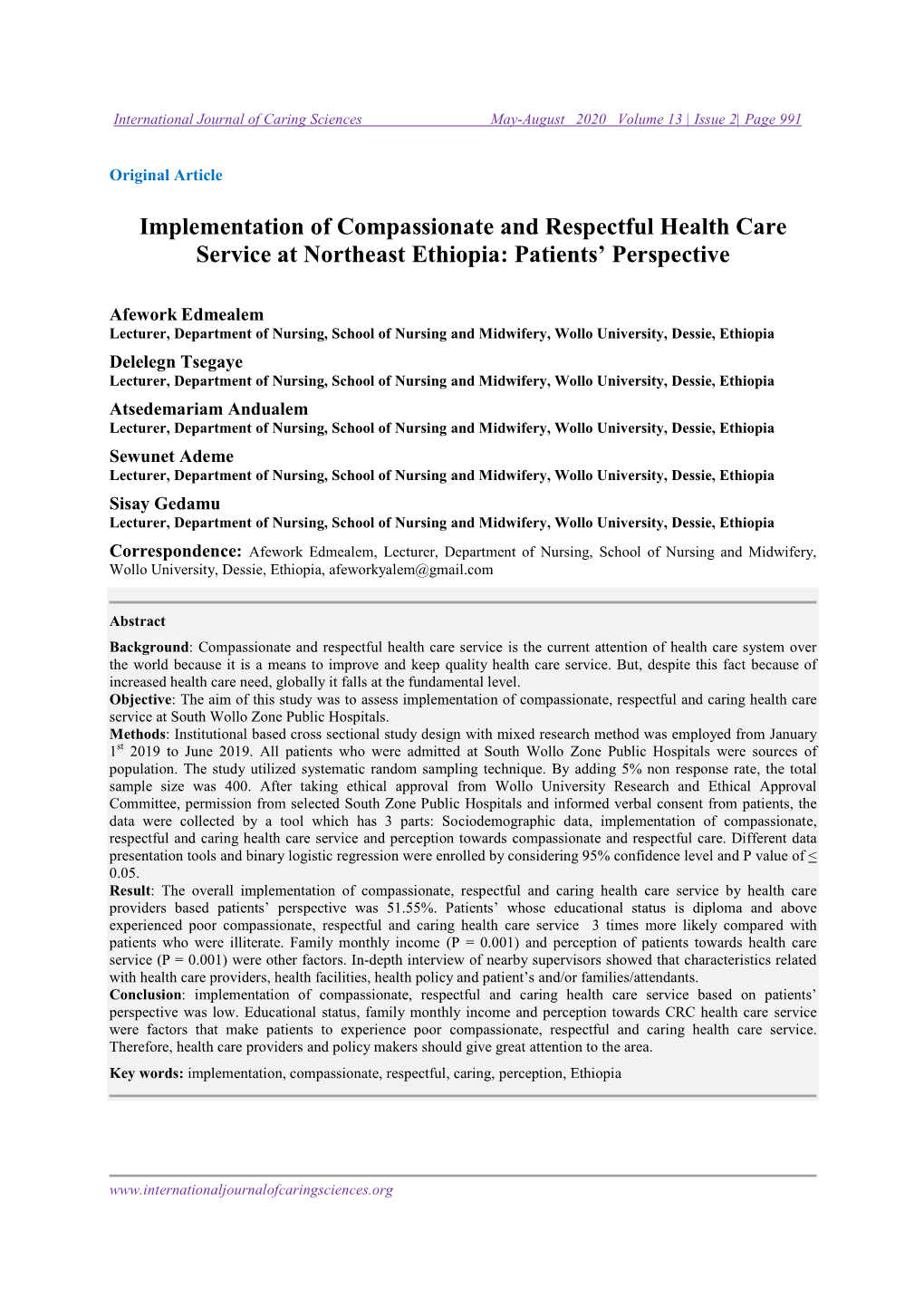Implementation of Compassionate and Respectful Health Care Service at Northeast Ethiopia: Patients’ Perspective