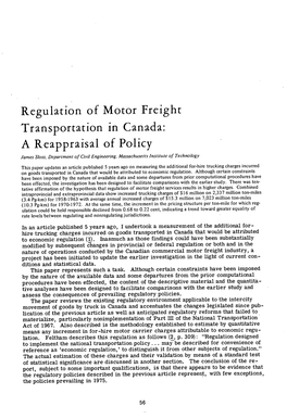 Regulation of Motor Freight Transportation in Canada: a Reappraisal of Policy James Sloss