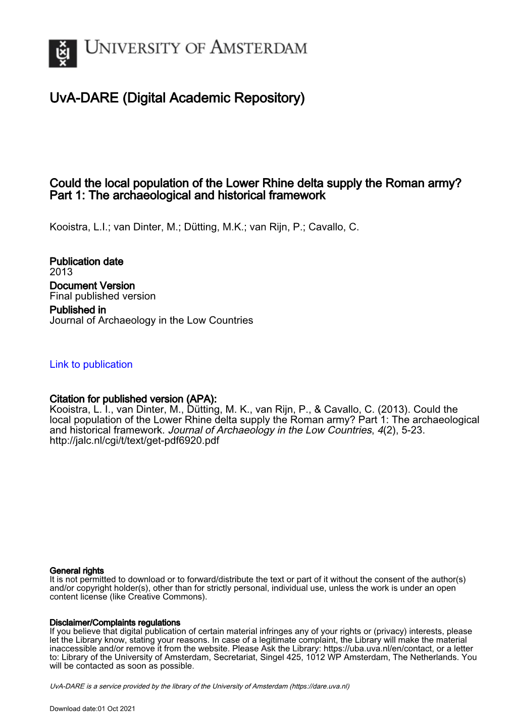 Could the Local Population of the Lower Rhine Delta Supply the Roman Army? Part 1: the Archaeological and Historical Framework