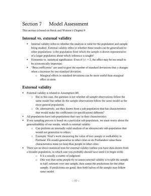 Section 7 Model Assessment This Section Is Based on Stock and Watson’S Chapter 9