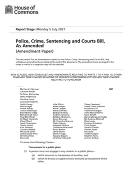 Police, Crime, Sentencing and Courts Bill, As Amended (Amendment Paper)