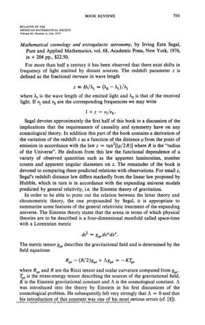 Mathematical Cosmology and Extragalactic Astronomy, by Irving Ezra Segal, Pure and Applied Mathematics, Vol