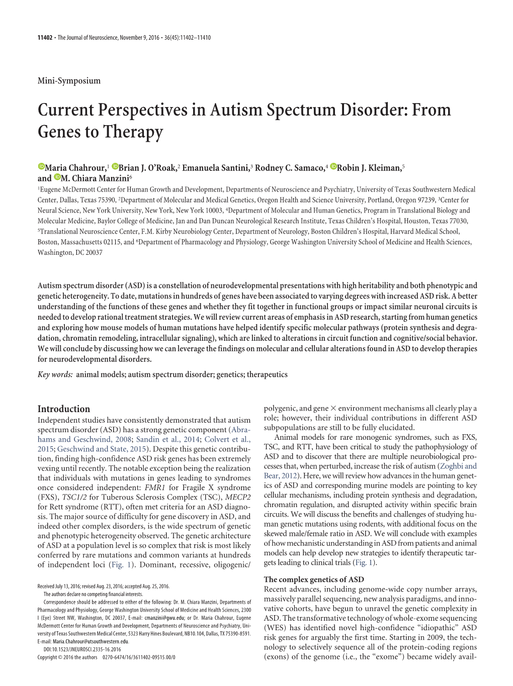 Current Perspectives in Autism Spectrum Disorder: from Genes to Therapy