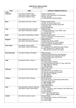 DIRECTORY of LABOR ATTACHES As of 04 January 2021 POST NAME ADDRESS of EMBASSY/CONSULATE I. ASIA Hong Kong Labor Attaché II