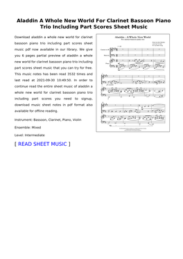 Aladdin a Whole New World for Clarinet Bassoon Piano Trio Including Part Scores Sheet Music