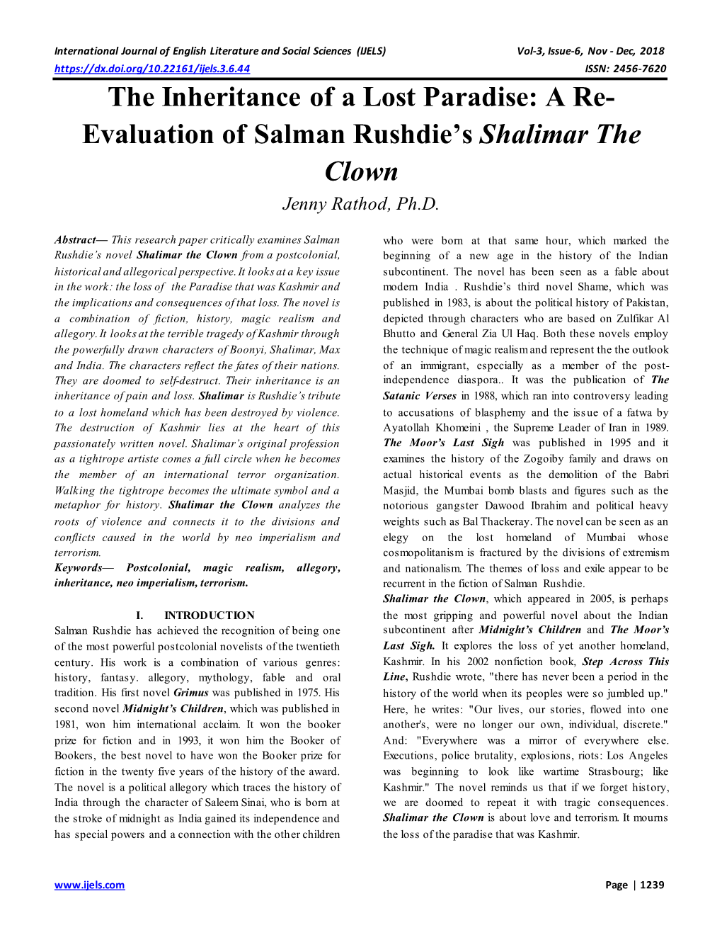 The Inheritance of a Lost Paradise: a Re- Evaluation of Salman Rushdie’S Shalimar the Clown Jenny Rathod, Ph.D