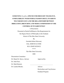 SCREENING Passiflora SPECIES for DROUGHT TOLERANCE, COMPATIBILITY with the PURPLE PASSION FRUIT, FUSARIUM WILT RESISTANCE and DE