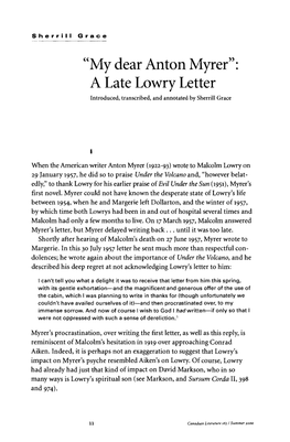 My Dear Anton Myrer": a Late Lowry Letter Introduced, Transcribed, and a N N O T a T E D by S H E R R I L L Grace