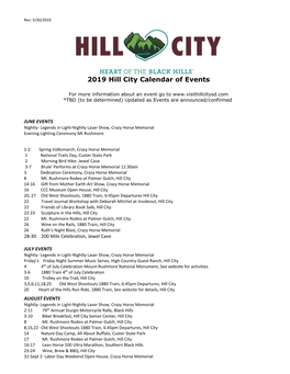 2019 Hill City Calendar of Events