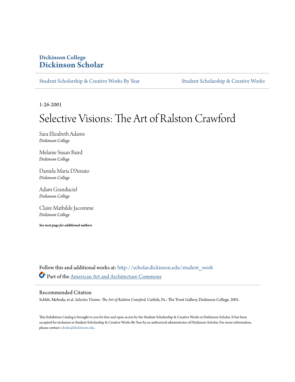 Selective Visions: the Art of Ralston Crawford Sara Elizabeth Adams Dickinson College