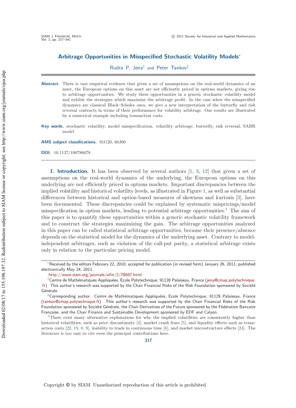 Arbitrage Opportunities in Misspecified Stochastic Volatility Models | SIAM Journal on Financial Mathematics | Vol. 2, No. 1