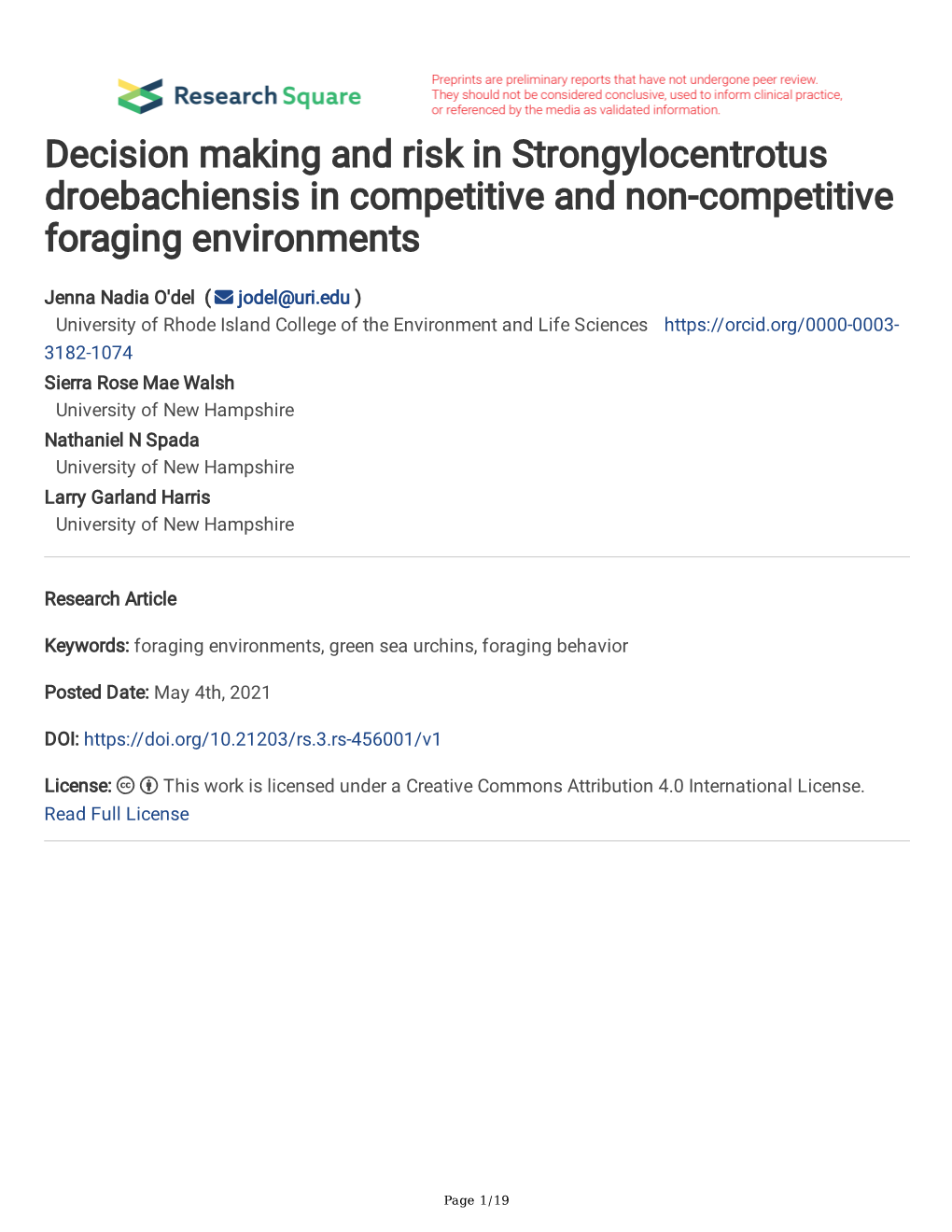 Decision Making and Risk in Strongylocentrotus Droebachiensis in Competitive and Non-Competitive Foraging Environments