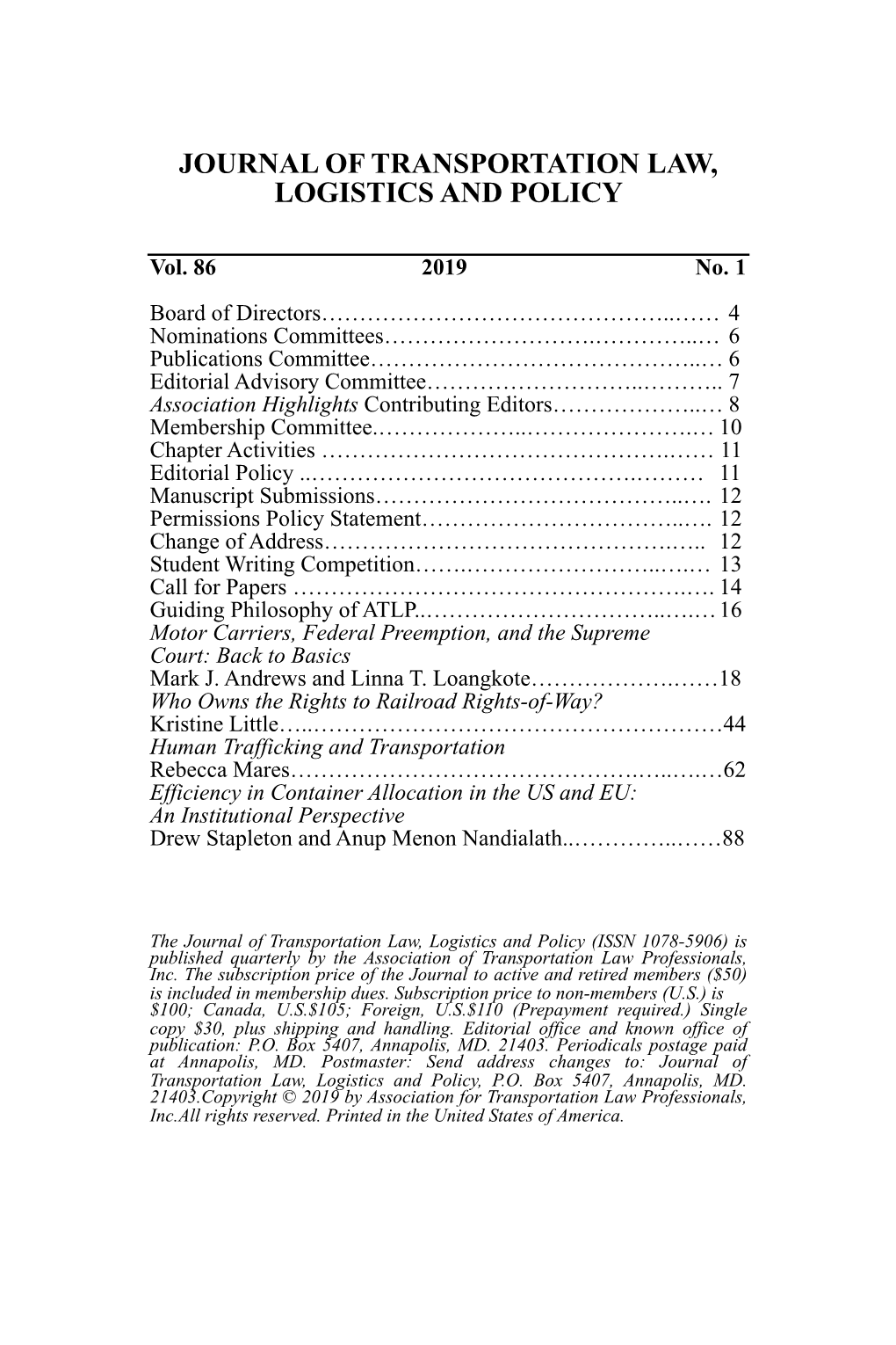 Journal of Transportation Law, Logistics and Policy